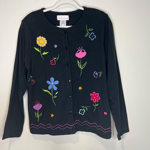 Vintage‎ Susan Graver Style Black Floral Embroidered Button Front Cardigan - Picture 8 of 9